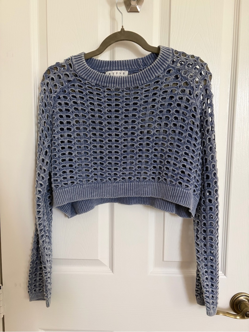 HYFVE Open-Knit Cropped Crew Sweater - Dusty Blue
